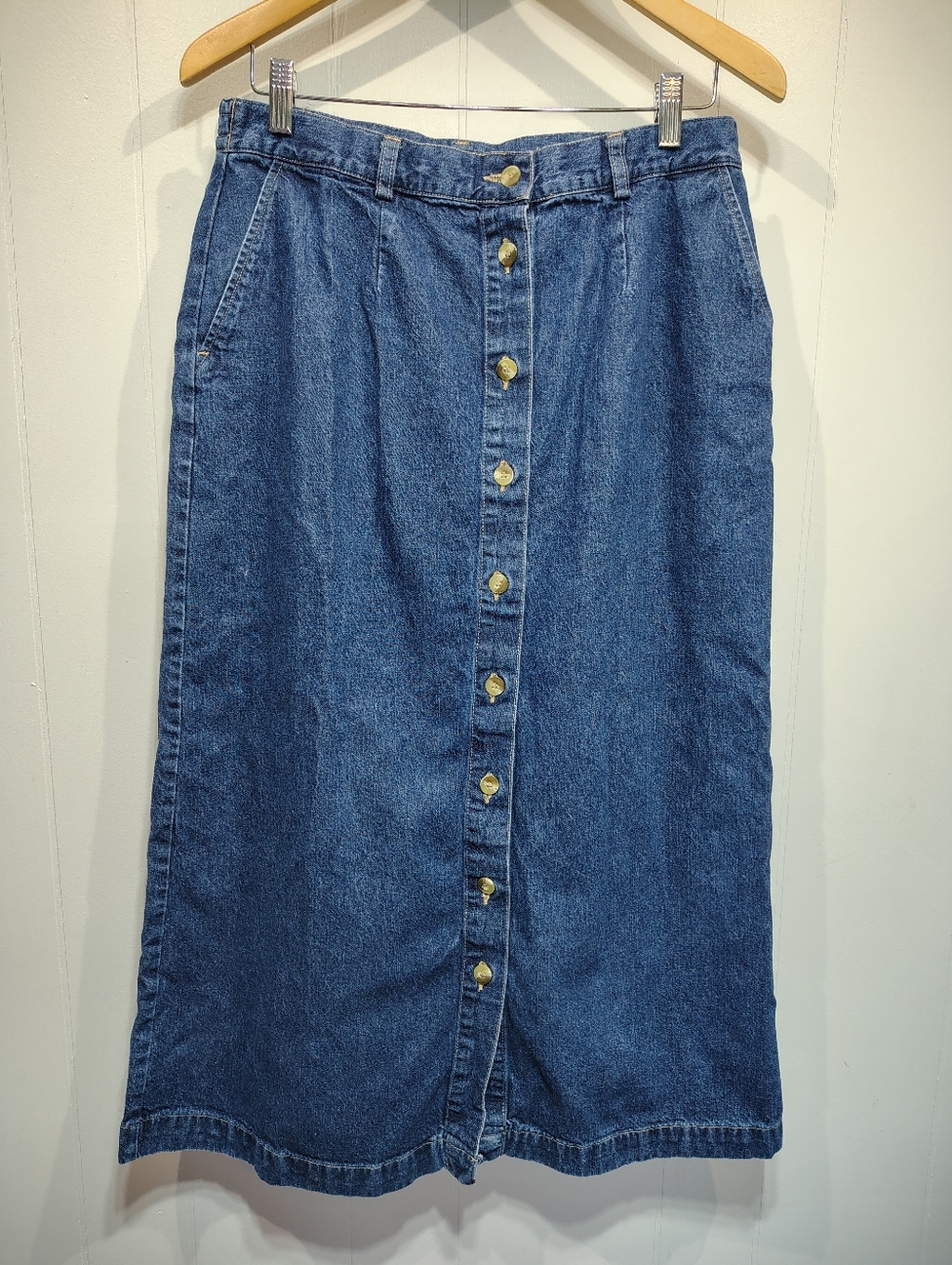 Cabin Creek Vintage Denim Skirt Size 14 Button Front Midi A-Line Stretch Waist